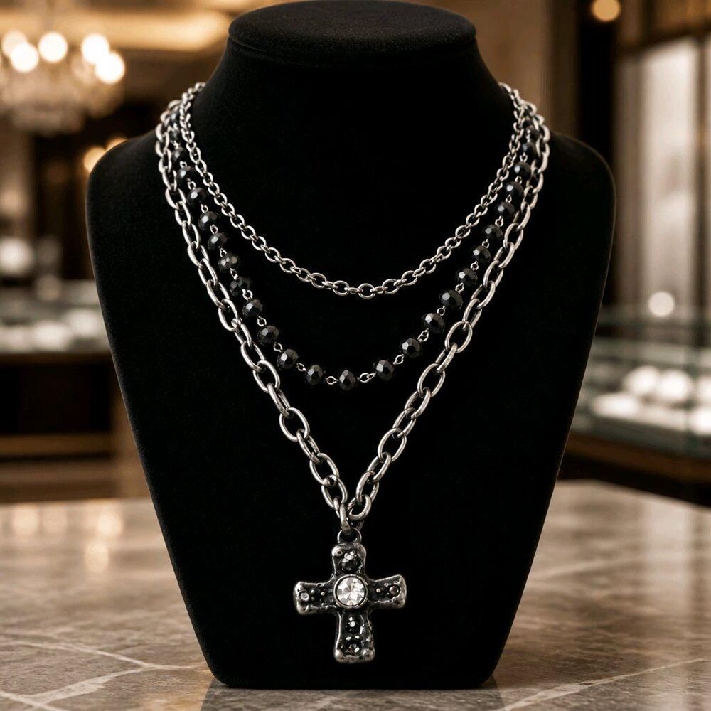 Gothic Metal Cross Multi Strand Chain Pendant Necklace Unisex